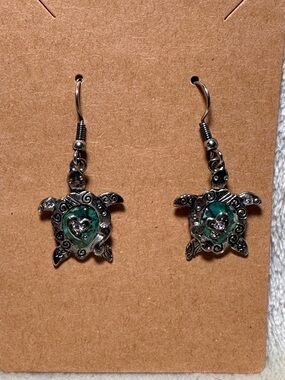 Silver Turtle Drop Earrings with Green Heart Accent